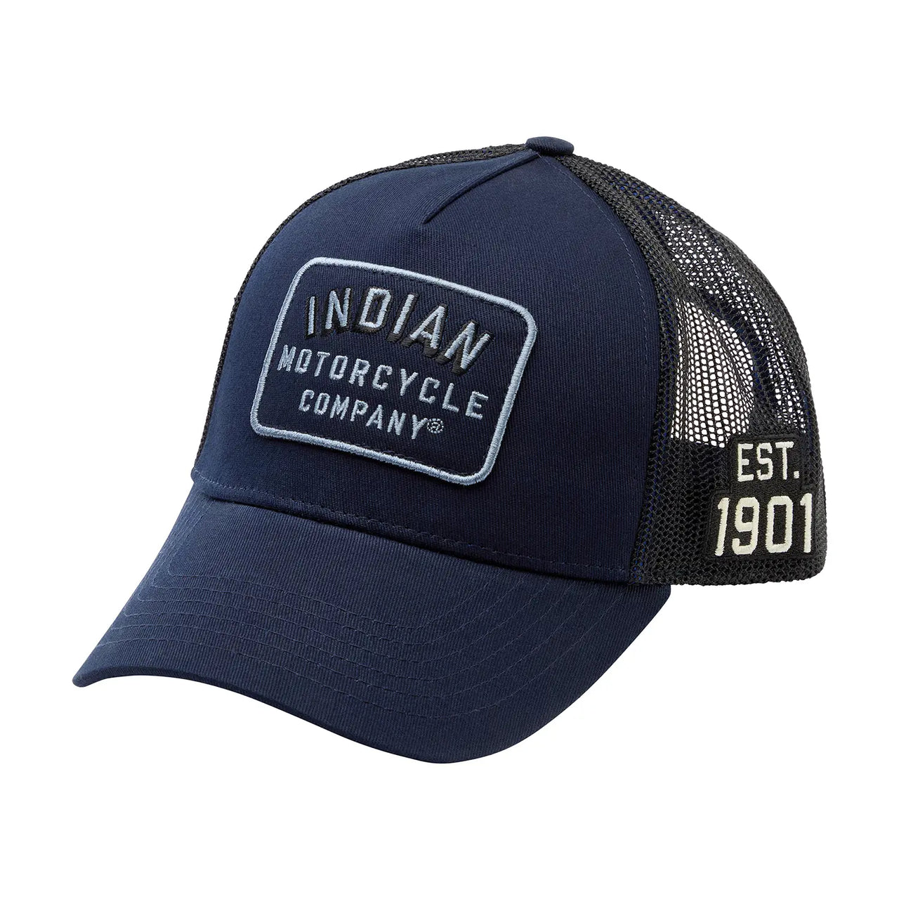 Indian Motorcycle Block Logo Patch Trucker Cap, Navy