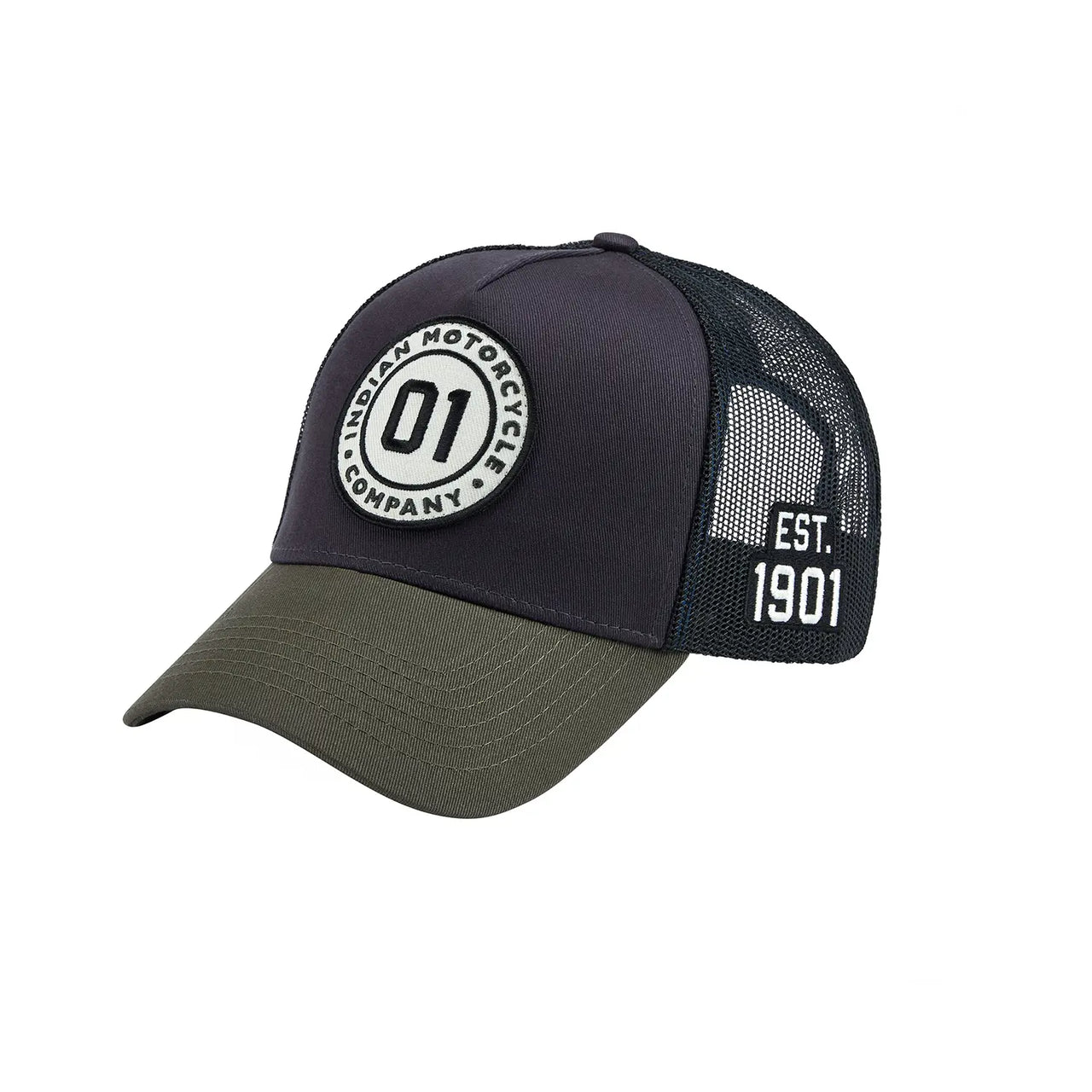 Indian Motorcycle 01 Patch Trucker Cap, Gray