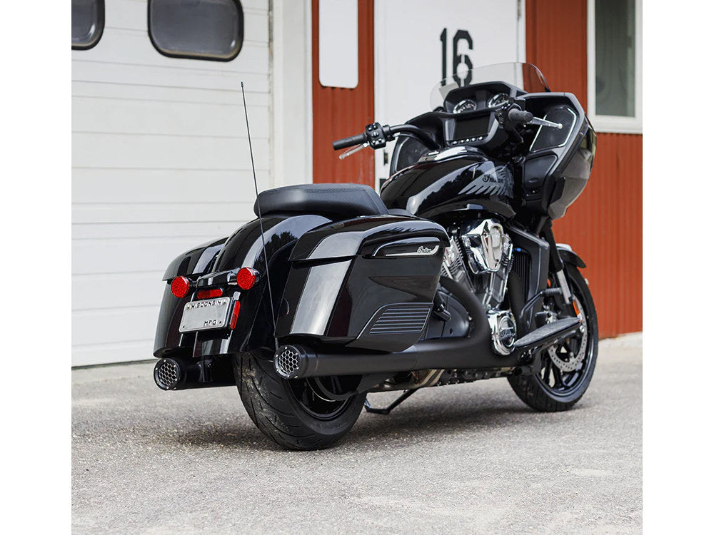 Grand Prix 4in. Slip-On Mufflers – Black. Fits Indian Big Twin 2014up with Hard Saddle Bags. – Firebrand Exhaust