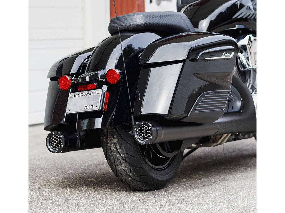 Grand Prix 4in. Slip-On Mufflers – Black. Fits Indian Big Twin 2014up with Hard Saddle Bags. – Firebrand Exhaust