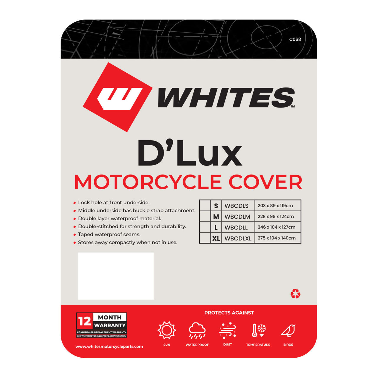 Whites Motorcycle Cover - D'Lux (S) 203 x 89 x 119cm